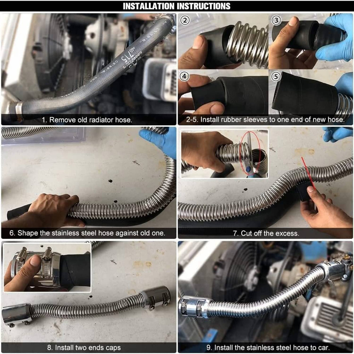 Radiator hose installation steps showing flexible hose, rubber sleeves, and chrome caps