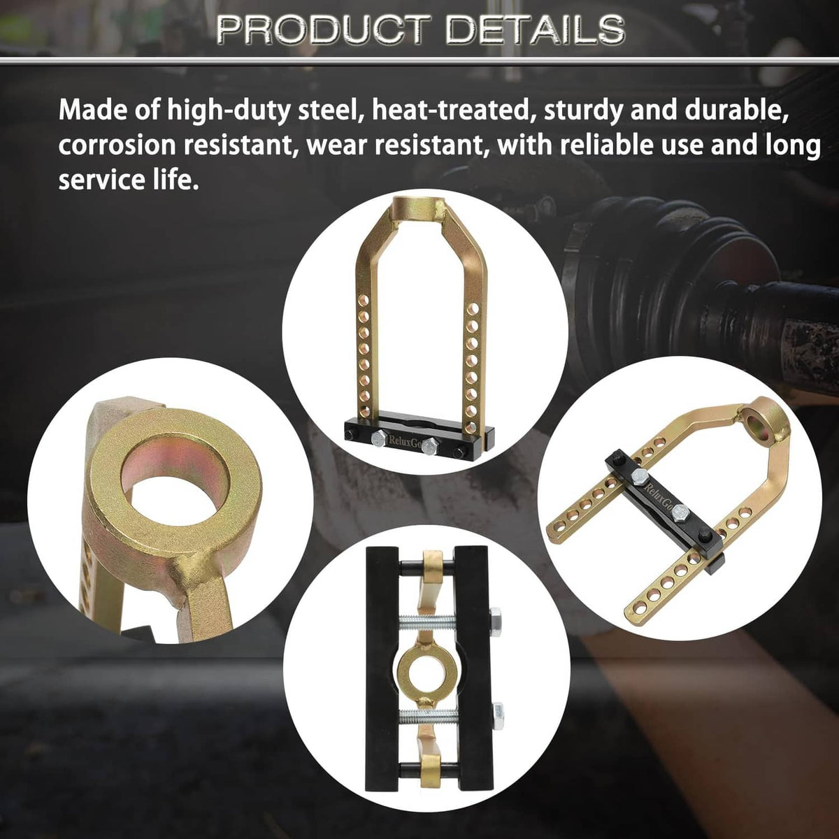 ReluxGo CV joint puller separator tool—gold steel frame with perforated hole rails