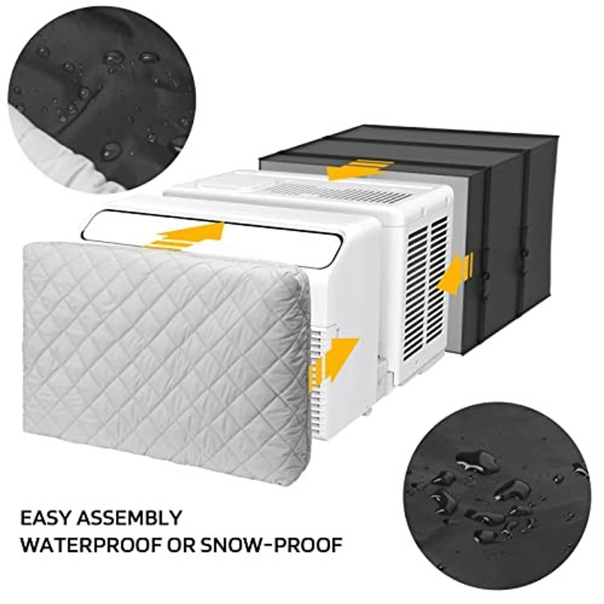 Waterproof/snow-resistant window AC cover, quilted white and dark gray with strapped fit.