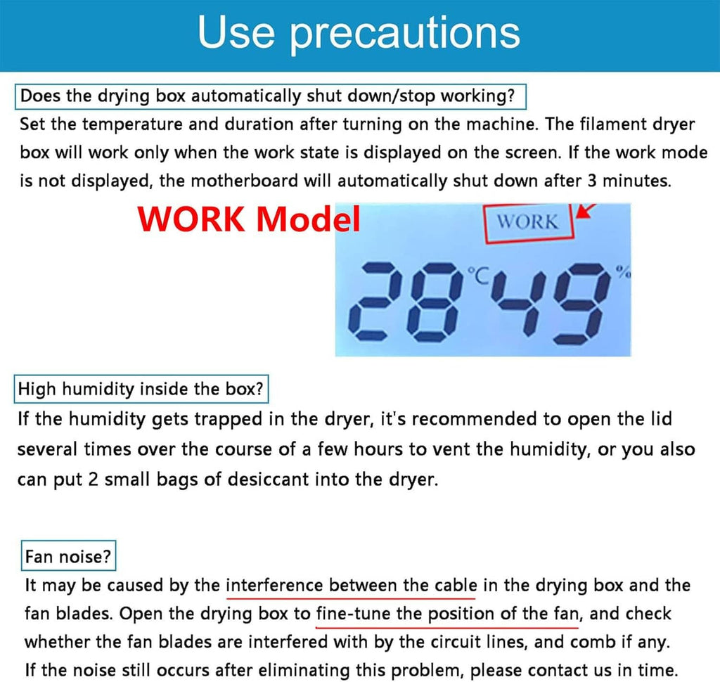 Filament dryer box safety instructions graphic with work mode timer display