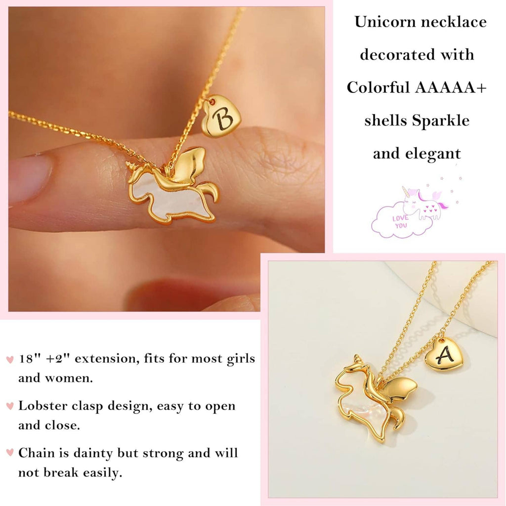 Unicorn pendant necklace with heart initial B charm and lobster clasp.