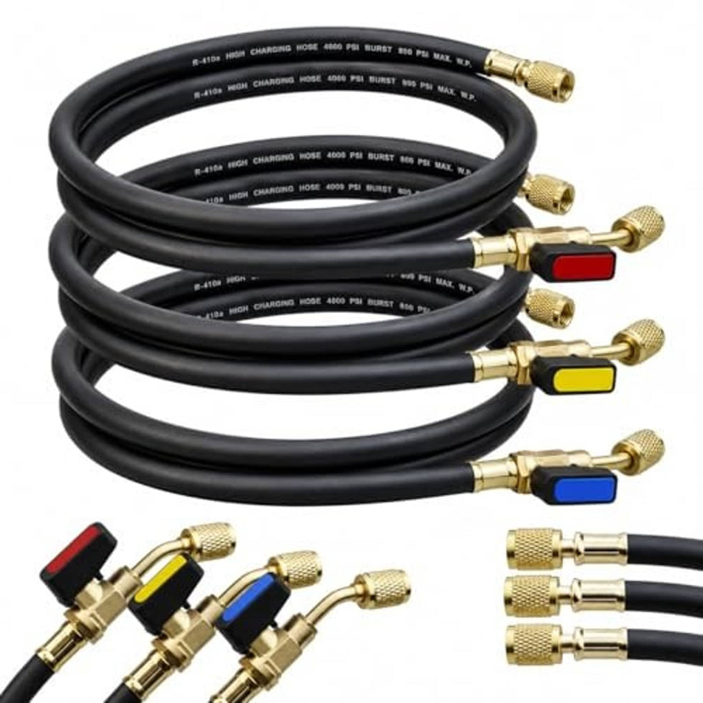 Black refrigerant hoses bundle with brass ends and red, yellow, blue ball valve handles