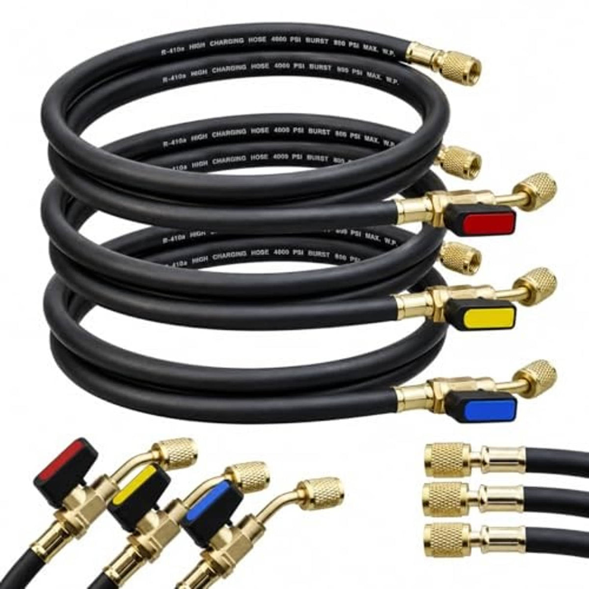 Black refrigerant hoses bundle with brass ends and red, yellow, blue ball valve handles