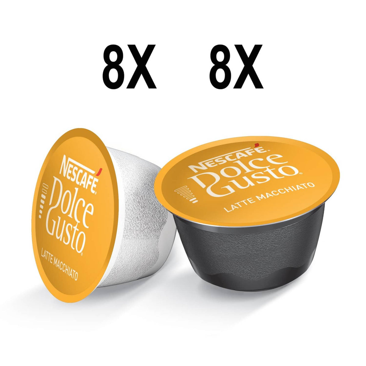 Latte macchiato coffee pods, two capsule cups shown with 8x markings