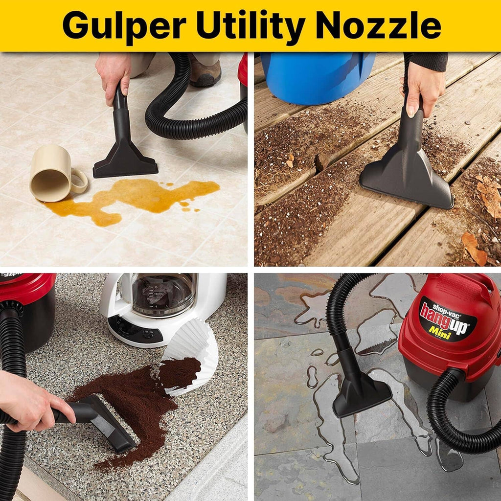 Black gulper utility nozzle attachment with wide bell shape for vacuum cleanup.