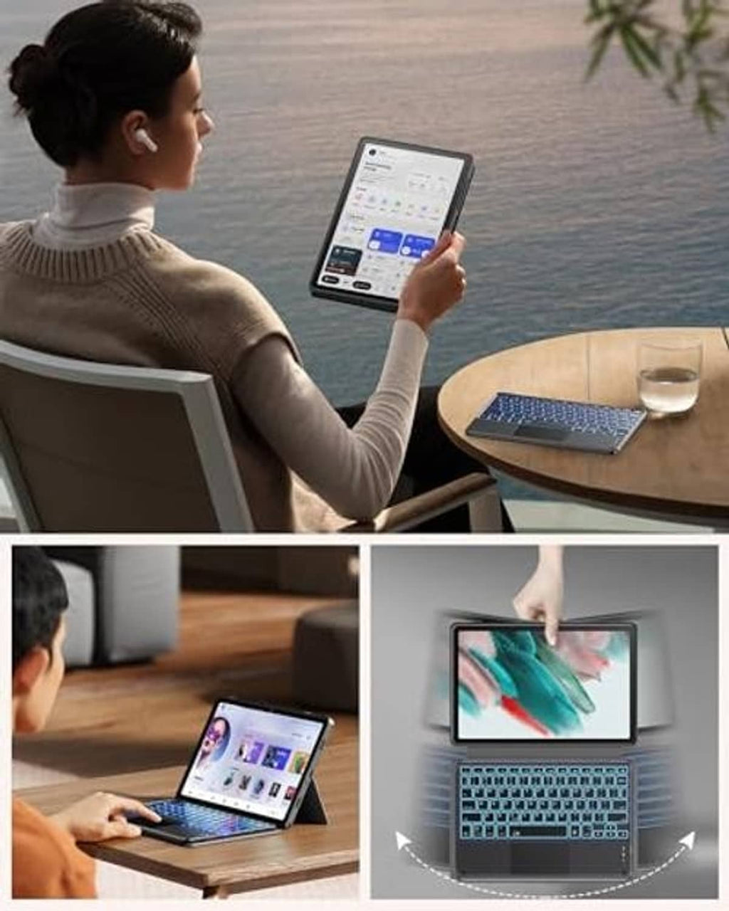 Black keyboard case with backlit keys used on a tablet, supported on stand