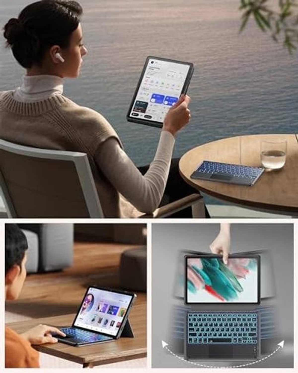 Black keyboard case with backlit keys used on a tablet, supported on stand