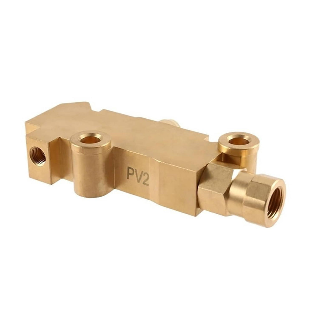 Brass proportioning valve block with PV2 marking and flared hose fitting