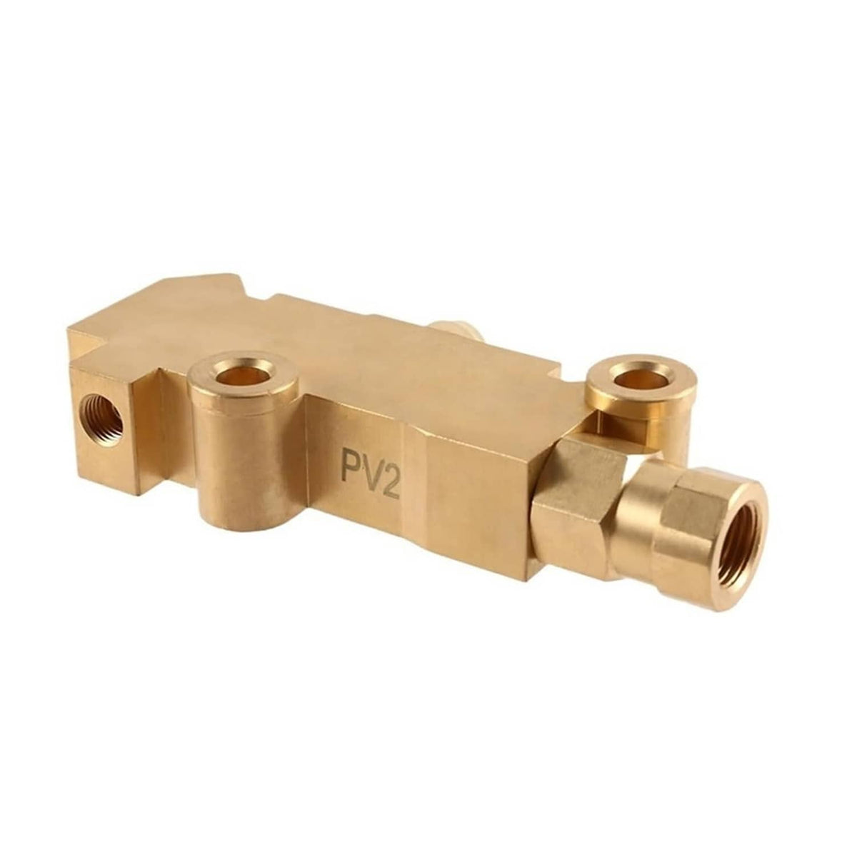 Brass proportioning valve block with PV2 marking and flared hose fitting