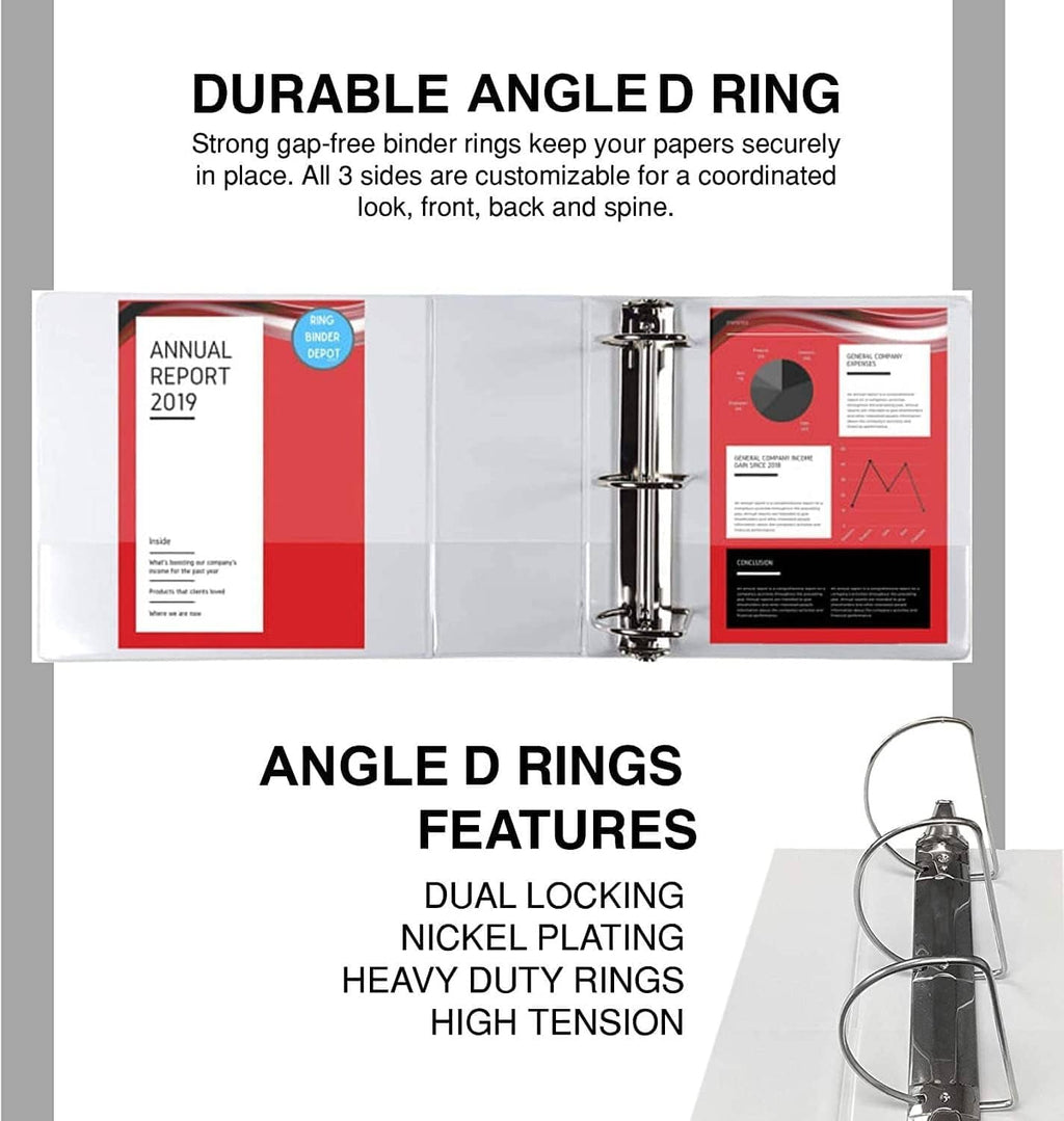 Large 3-ring binder interior view with durable angled D rings for secure pages
