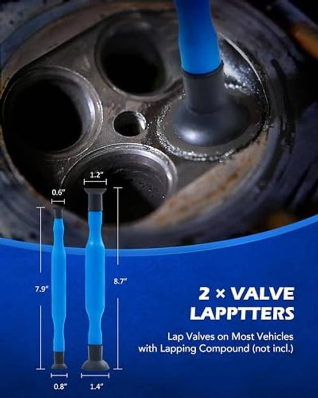 Two blue valve lappers with black tips for lapping valve seats using the tool set