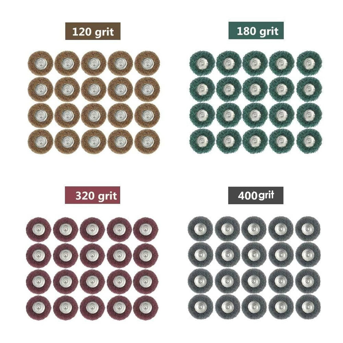 Assorted abrasive wheel grits: 120, 180, 320, and 400 shown on small circular heads.