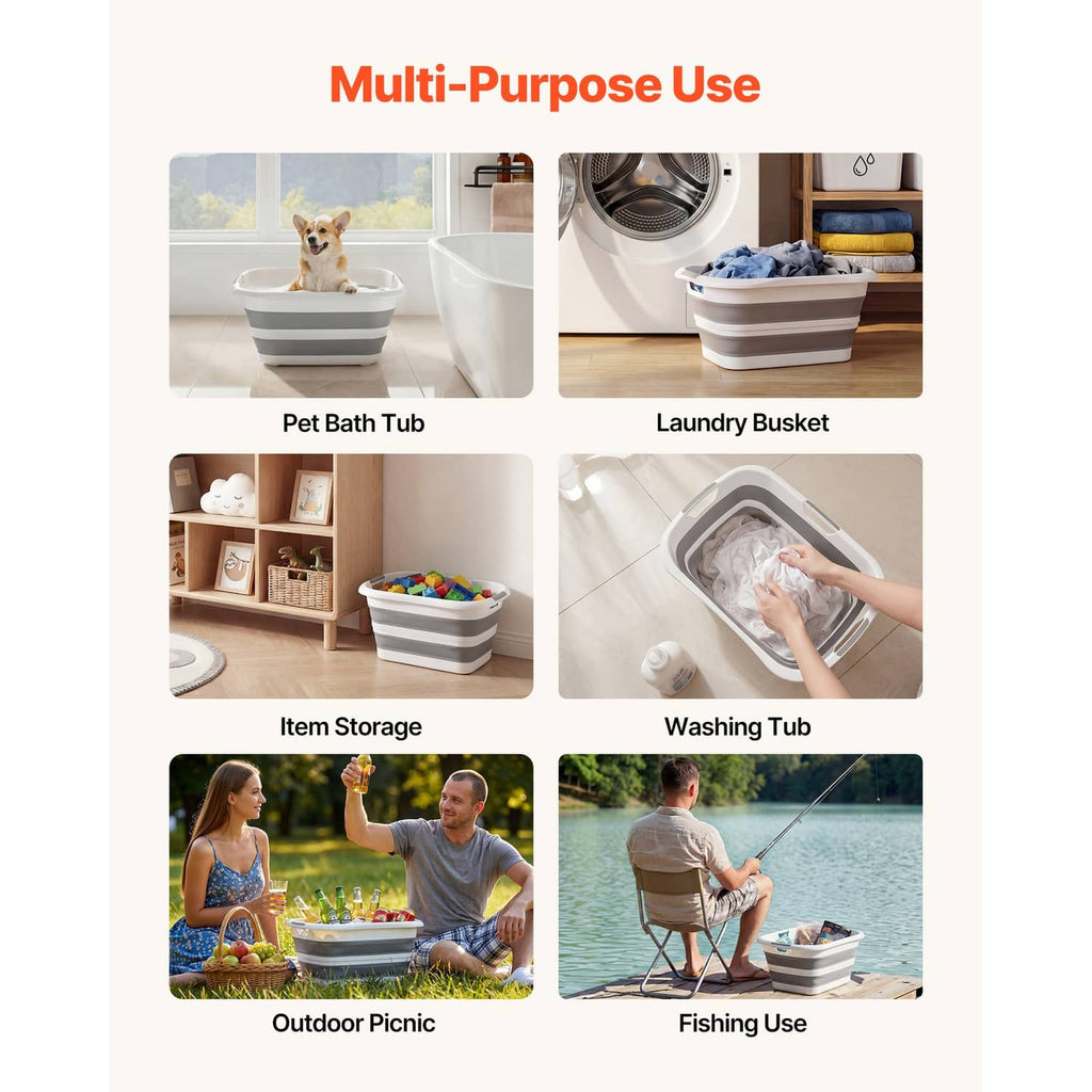 Gray and white collapsible pet bath tub with example uses in a photo collage