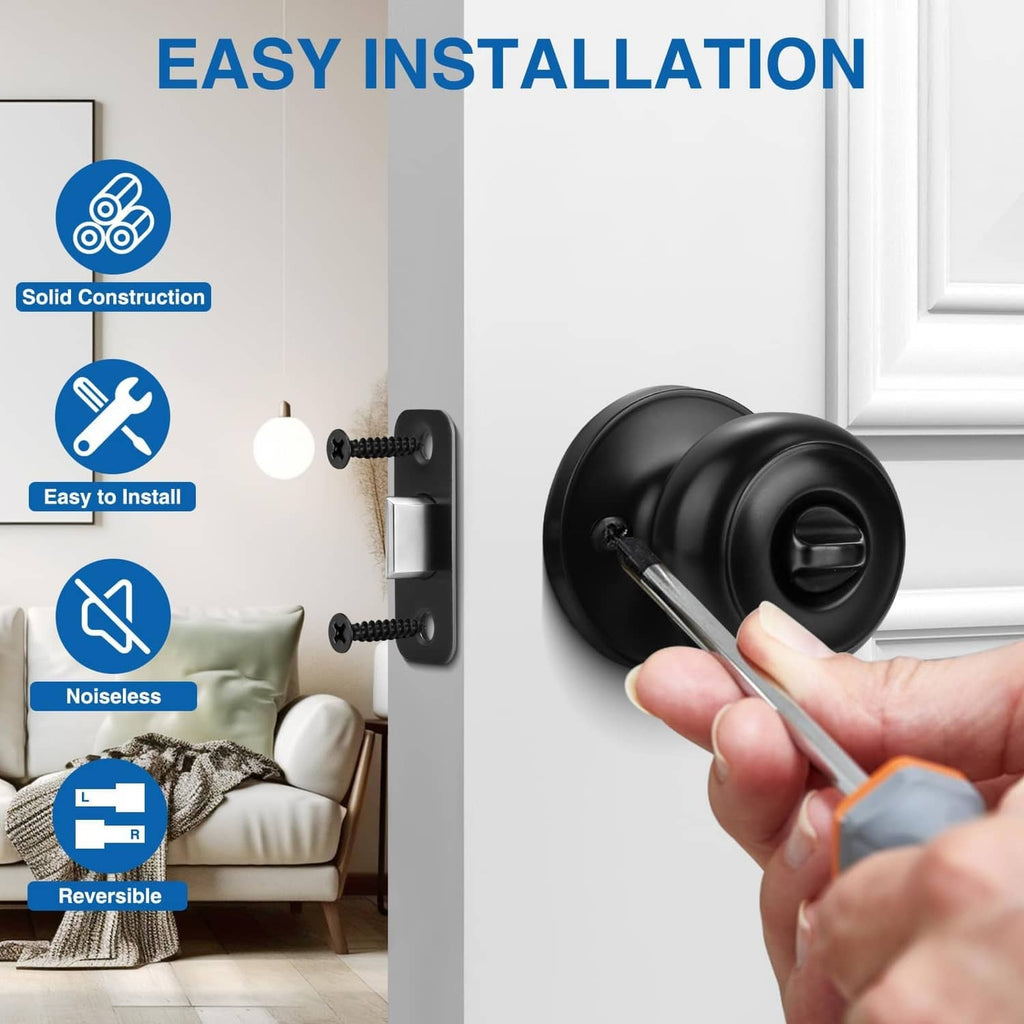 Matte black privacy door knob, round exterior with thumb-turn lever
