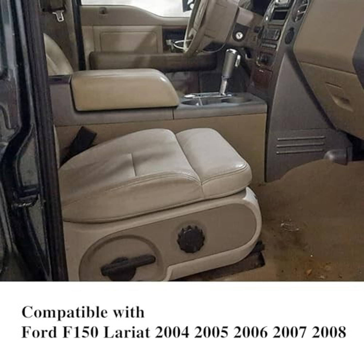 Beige leather bottom seat cover replacement shown installed on car seat cushion