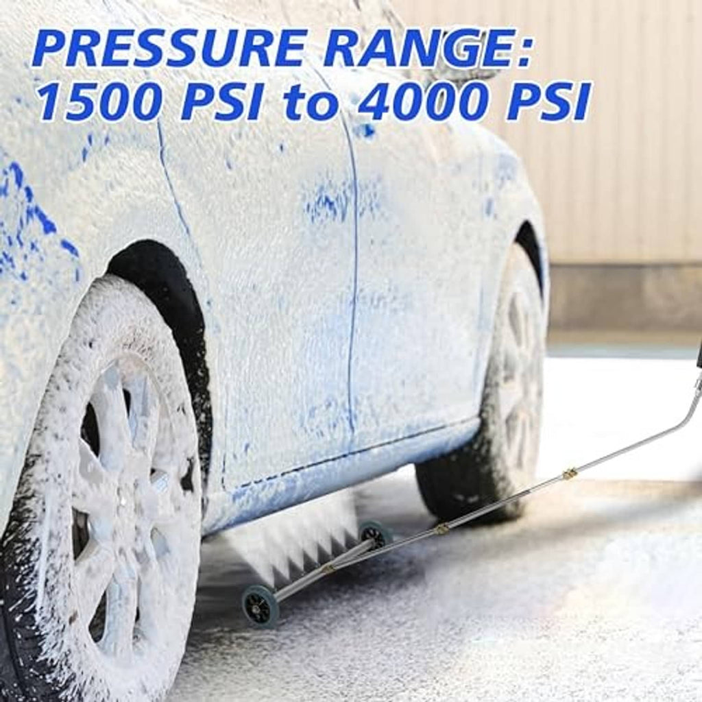 Undercarriage cleaner wand with spray jet washing tire and wheel-area grime