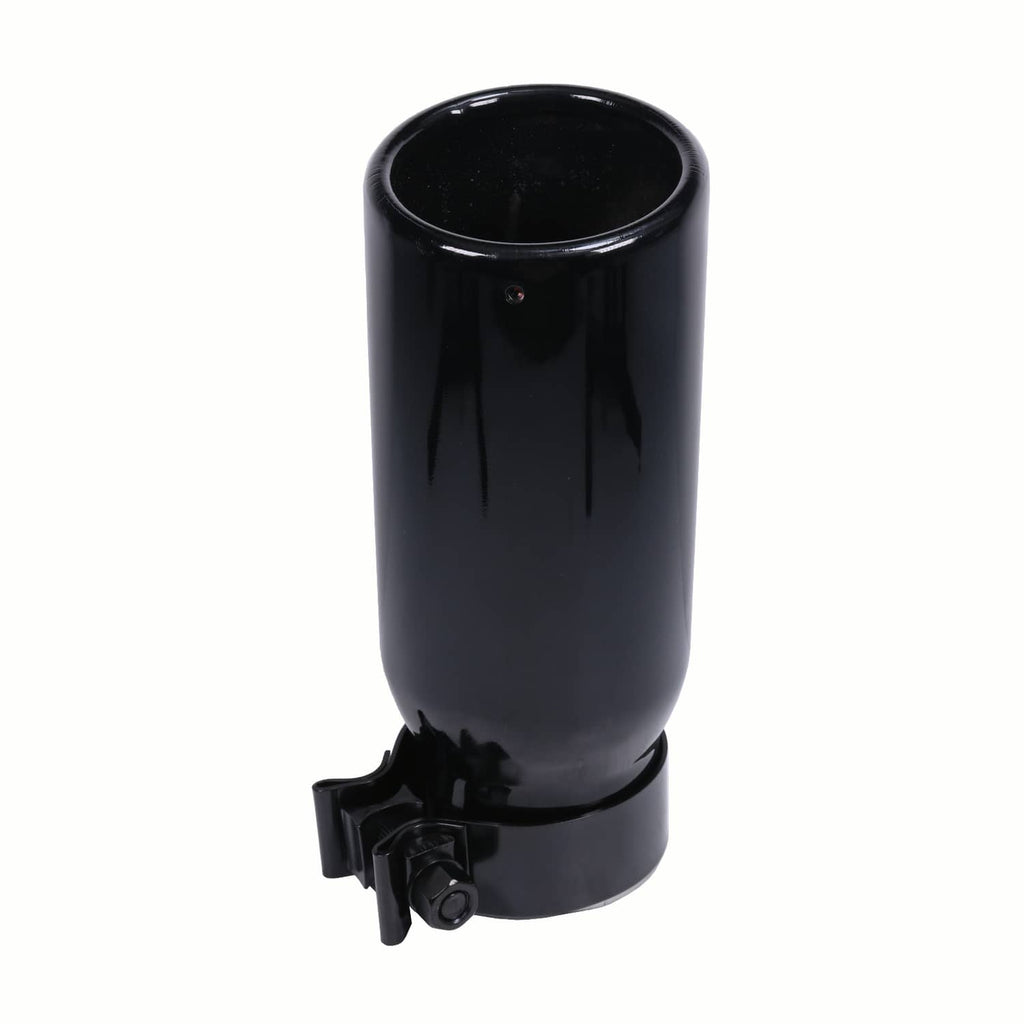 Black exhaust tip with circular outlet opening and lower mounting bracket, close front view