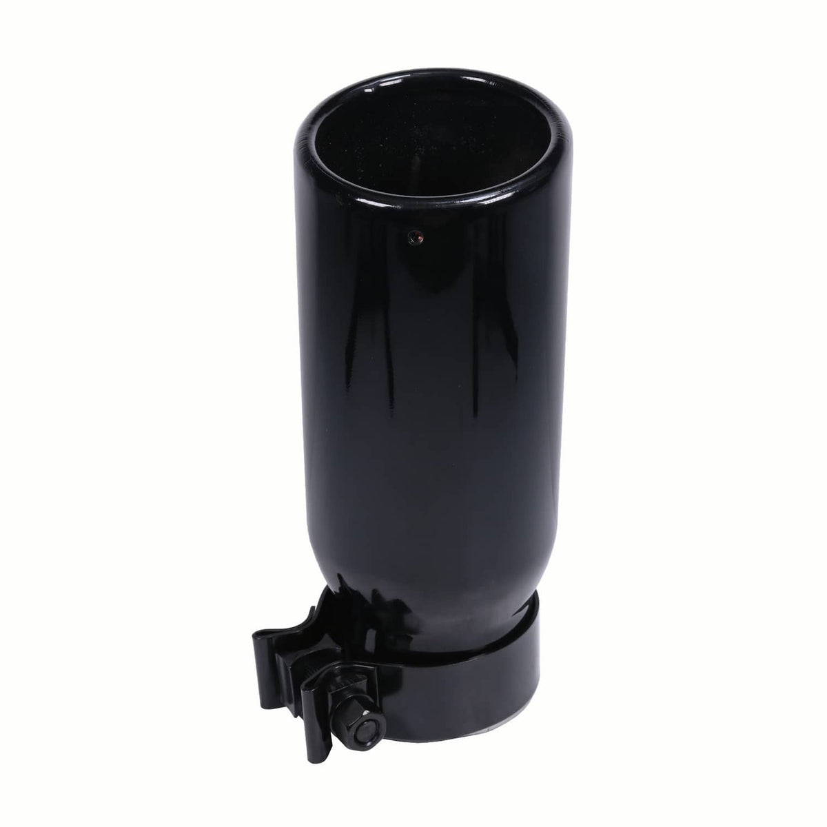 Black exhaust tip with circular outlet opening and lower mounting bracket, close front view