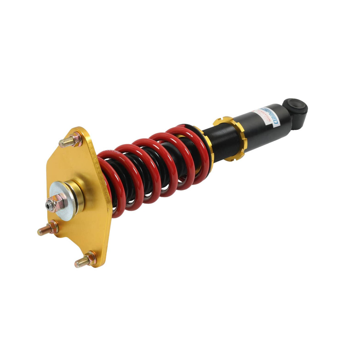 Coilover strut with red spring, gold mounting plate, and black shock with side bracket