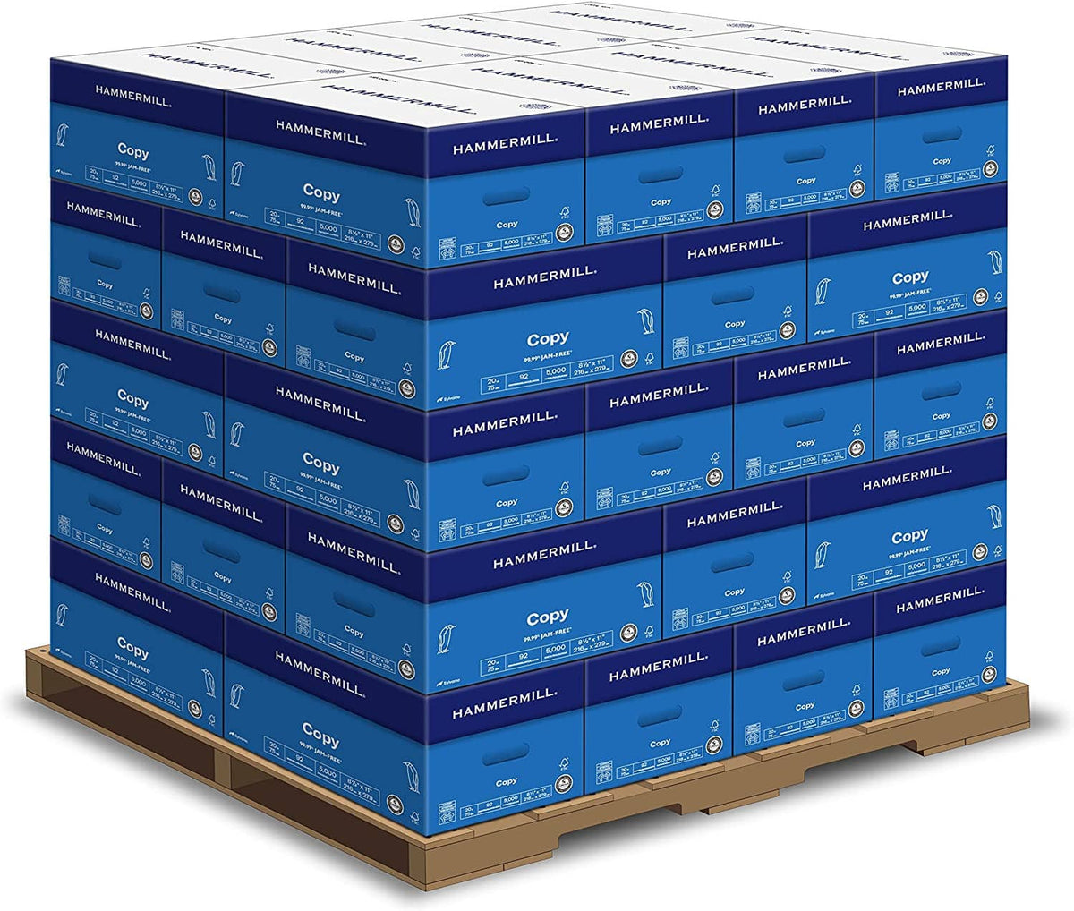 Stacked printer paper cases on pallet with blue Copy cartons and HAMMERMILL labels