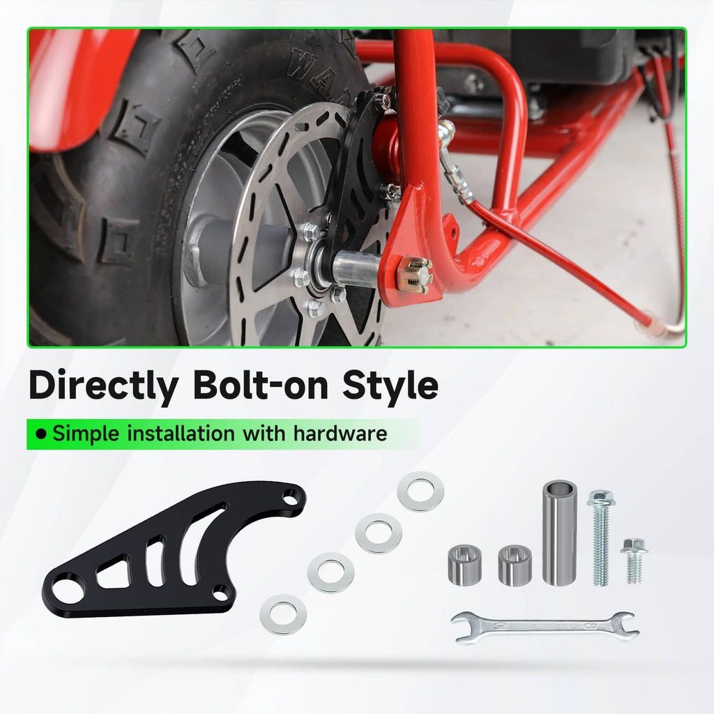 Hydraulic brake bracket and caliper assembly mounted beside the front disc rotor