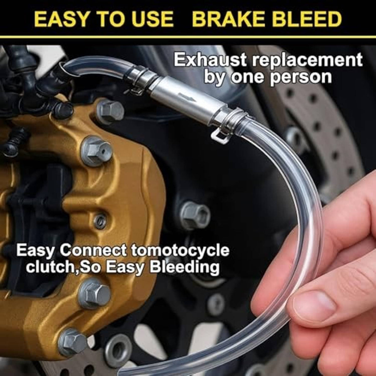 Brake bleeder hose in use: clear tube held near vehicle brake fitting