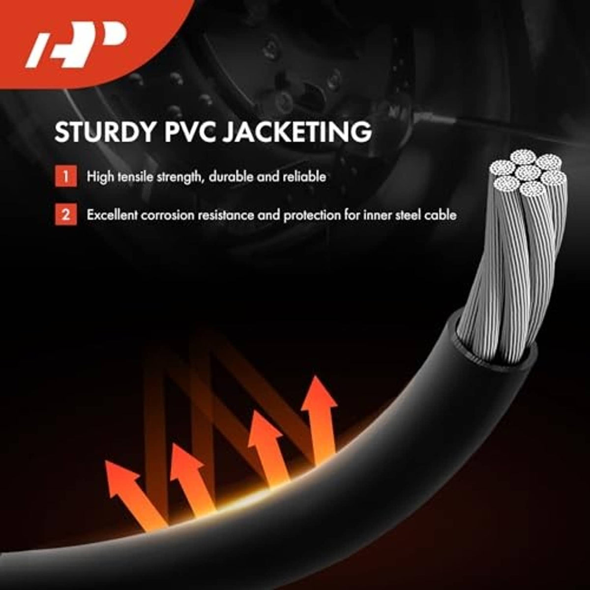 Parking brake cable with thick black PVC outer jacket and visible coiled inner wire