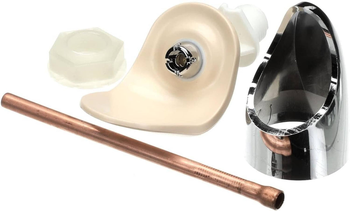 Elkay bubbler kit showing cream splash plate, chrome nozzle, black insert, and copper tube