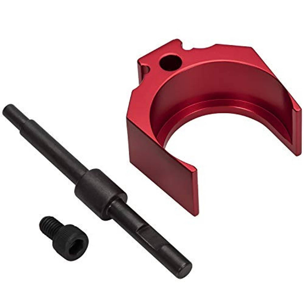 Red injector height adjustment gauge with black timing pin and mounting pin