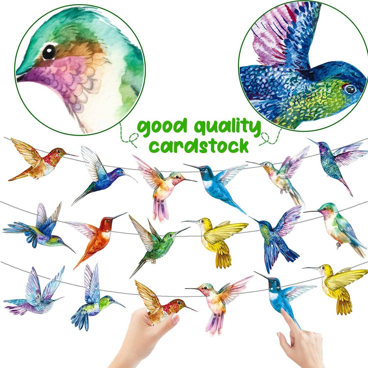 Colorful hummingbird string banner with multicolor bird cutouts and hands holding it