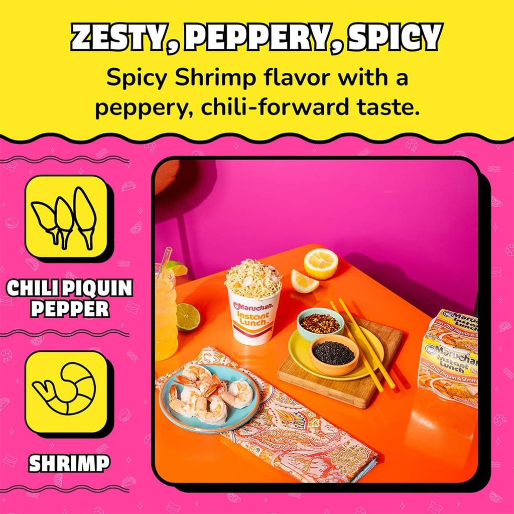 Maruchan Instant Lunch chili piquin pepper shrimp ramen cup with bowl and toppings