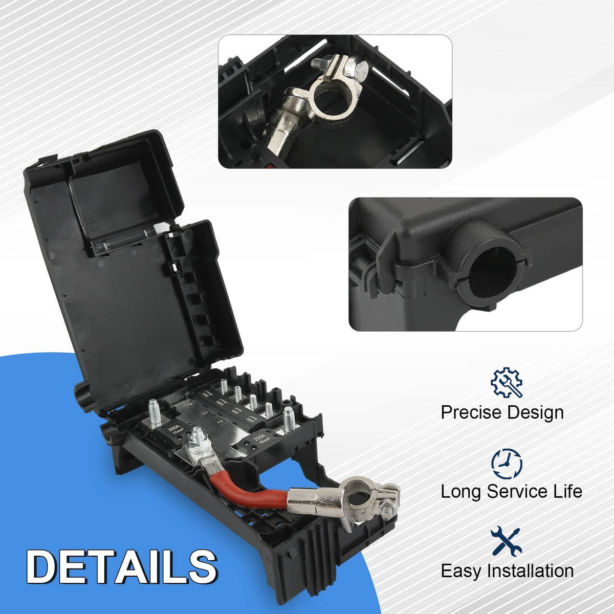 Battery fuse box terminal with cover showing internal fuse block and metal terminal post