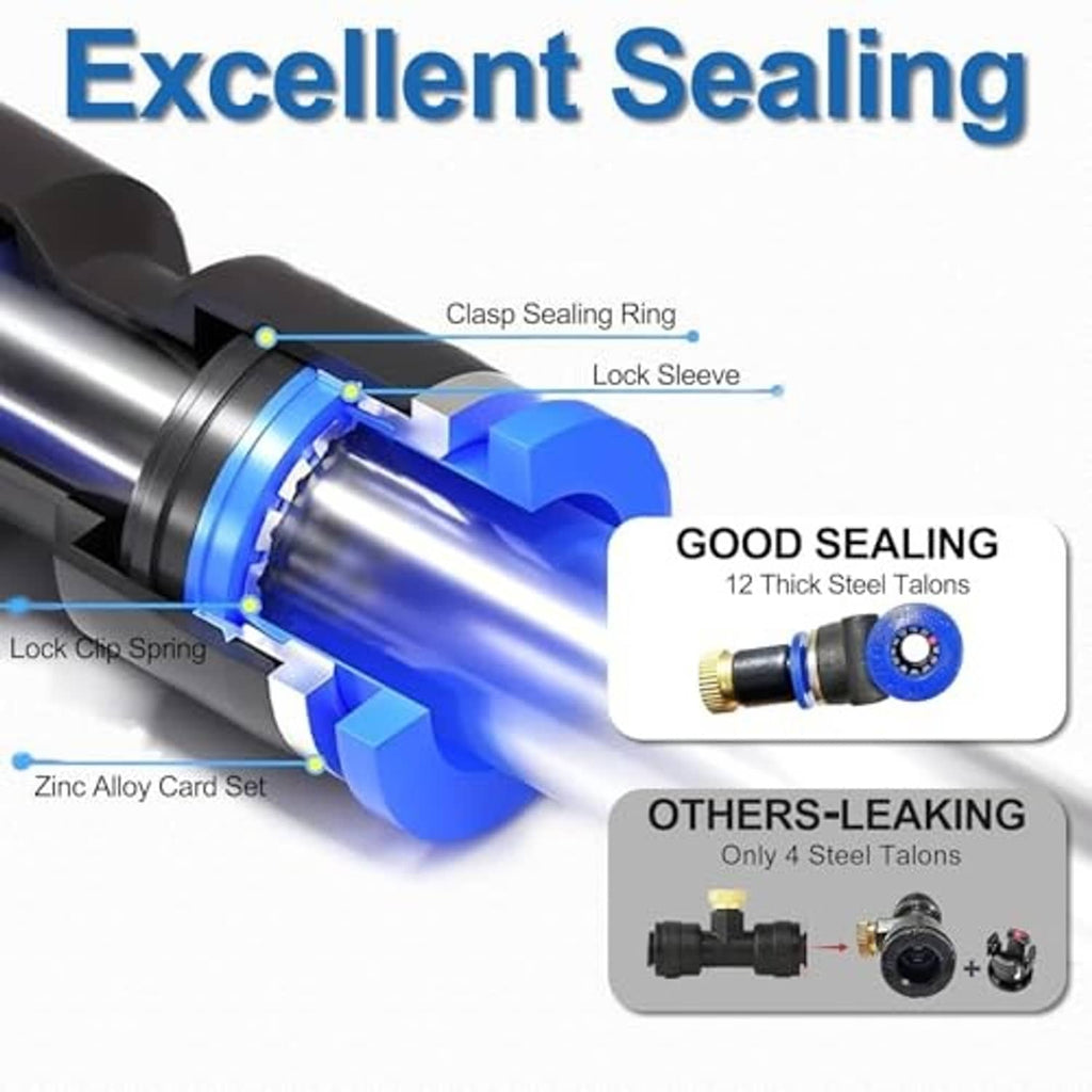Misting system sealing connector close-up with blue sleeve and steel talon parts