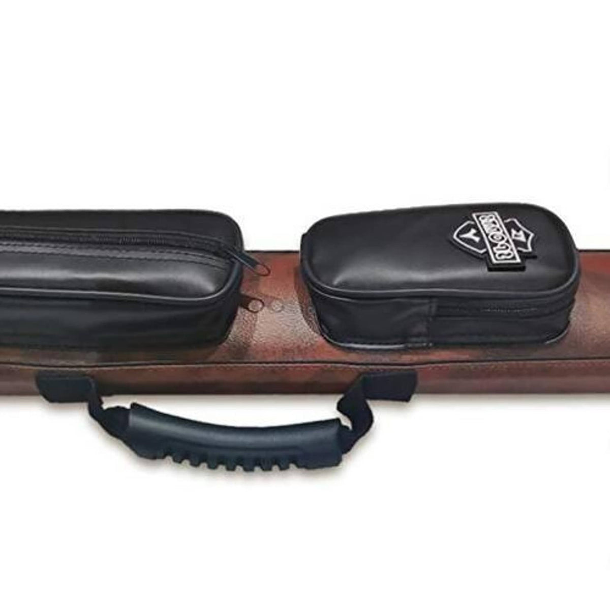 Brown oval cue case with black padded end pocket and attached strap