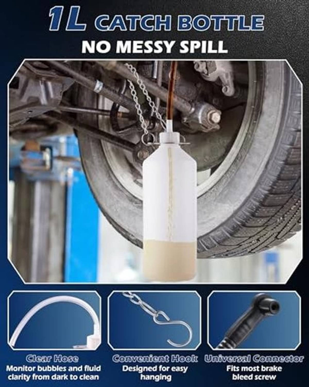 1L catch bottle assembly with clear fluid hose and chain overflow connector