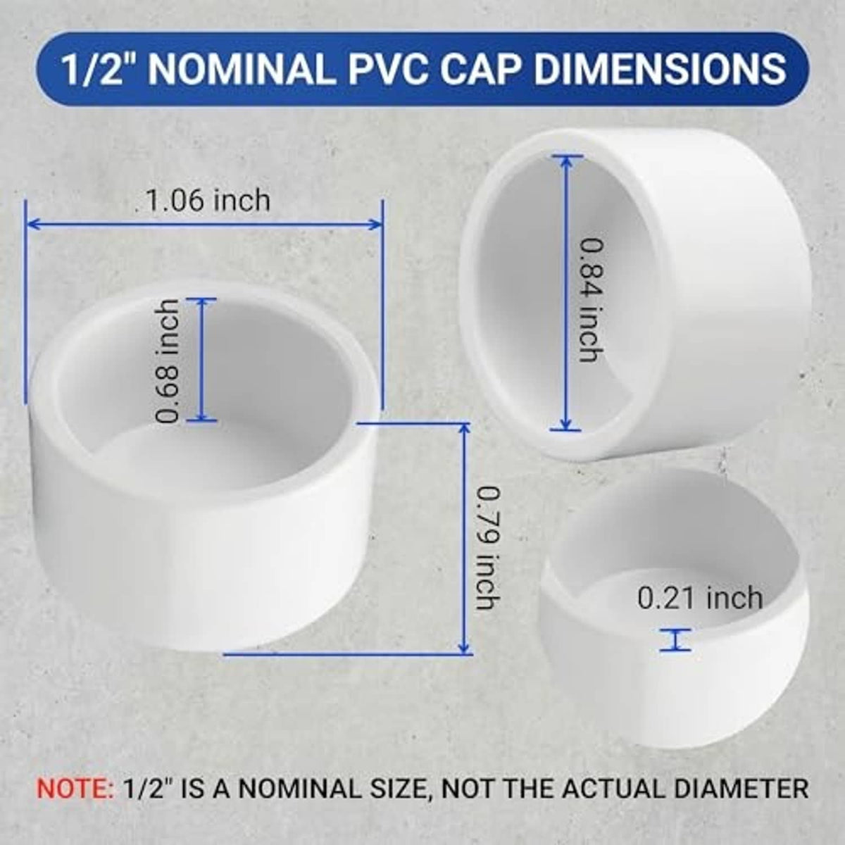 White PVC 1/2 inch pipe end cap plug with dimension diagram and measurements