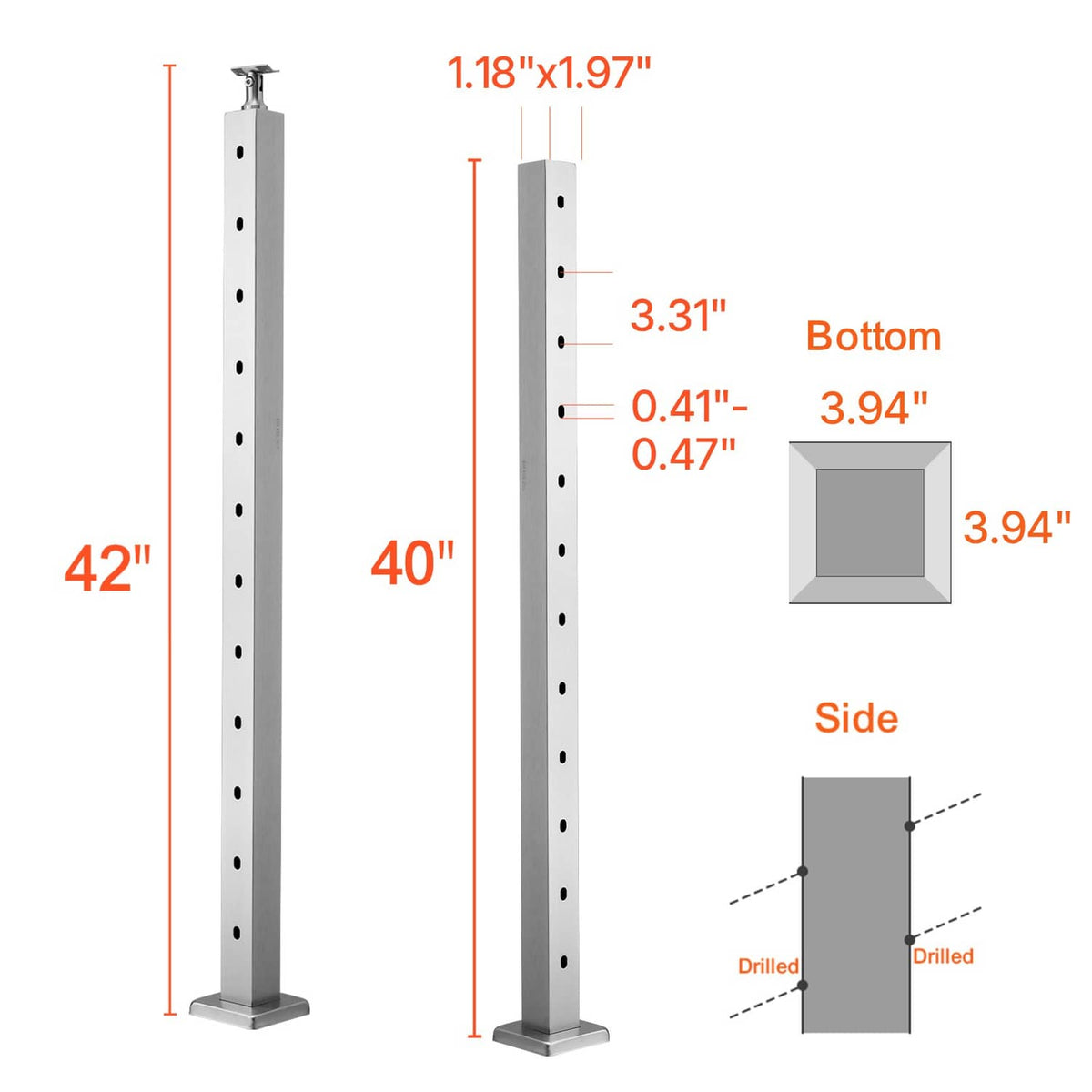 Silver cable railing post dimensioned diagram with drilled hole pattern and base