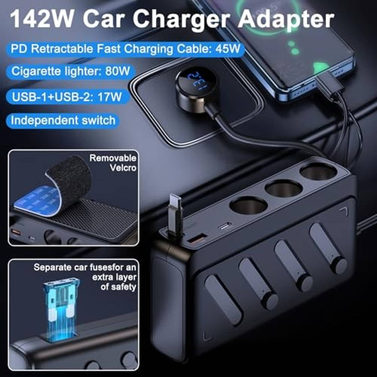 Black car charger adapter with three cigarette-lighter sockets and retractable USB-C cable