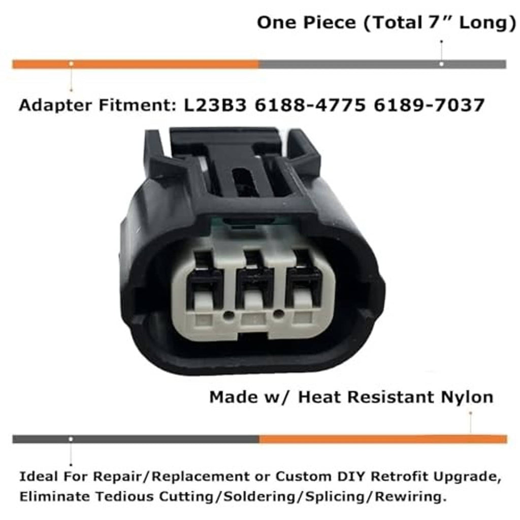 3-way female connector plug with pigtail harness, triple-pin socket, heat-resistant nylon