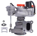 Turbocharger assembly with silver housing, black hose, and red cap