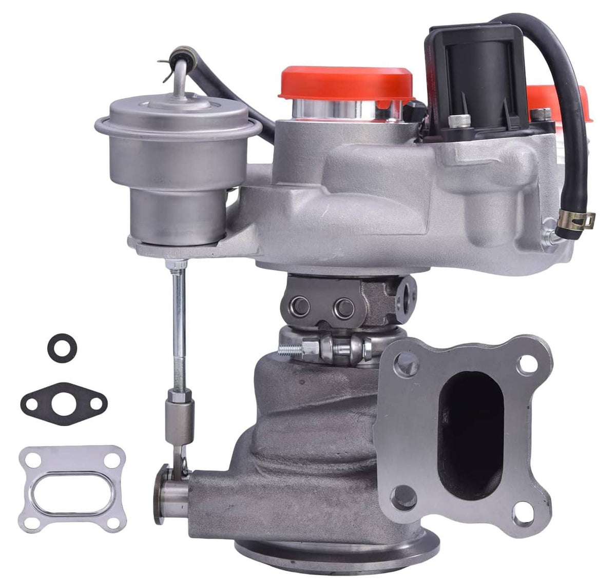 Turbocharger assembly with silver housing, black hose, and red cap