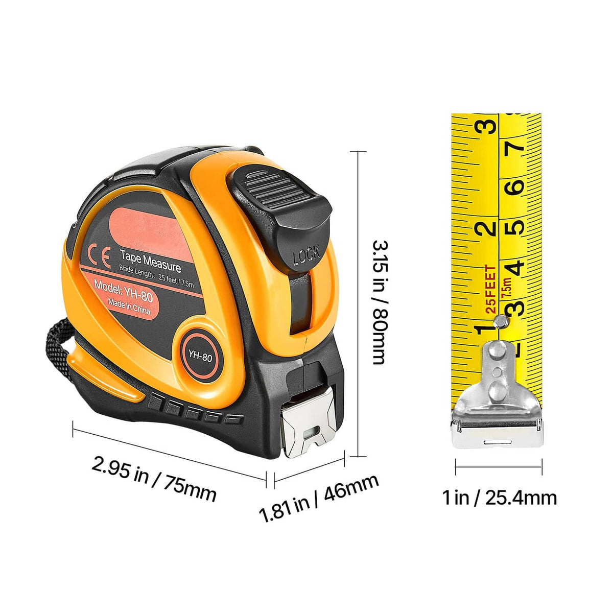 Retractable tape measure with dimensions shown; yellow tape and metal measuring hook.