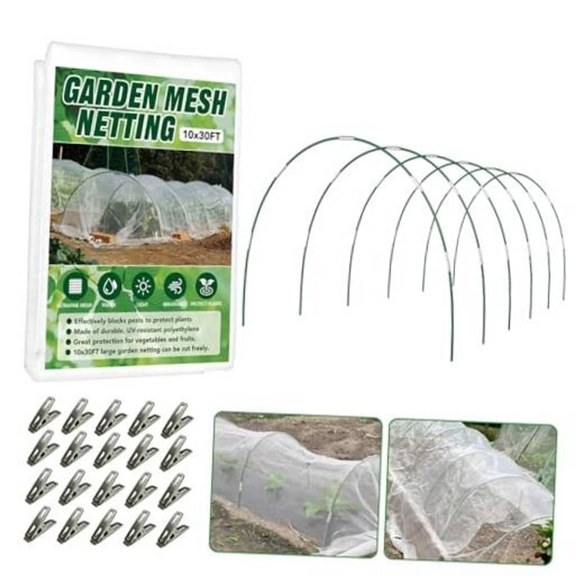 Garden mesh netting kit with hoop frame and clips, shown in retail pouch.