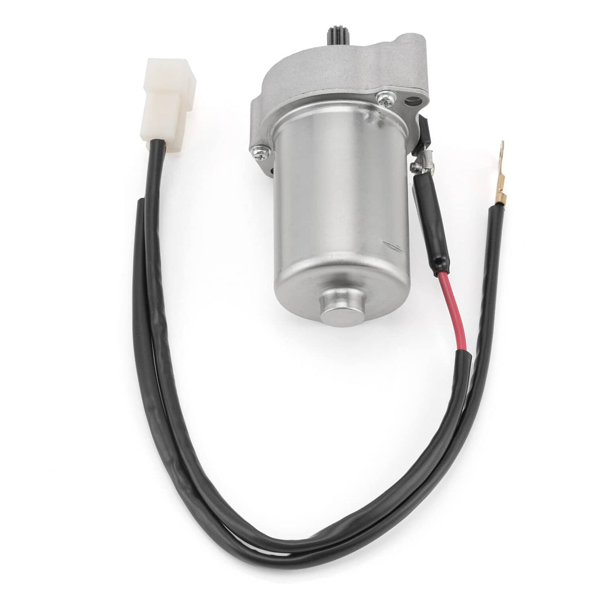 Starter motor assembly with round silver motor body and black cable harness