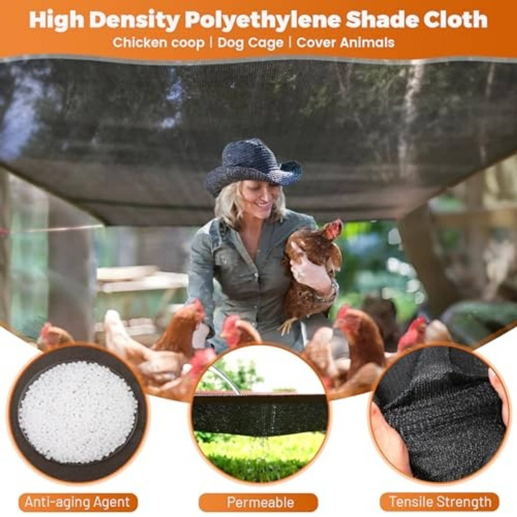 Dark gray shade cloth draped over garden enclosure, see-through woven mesh