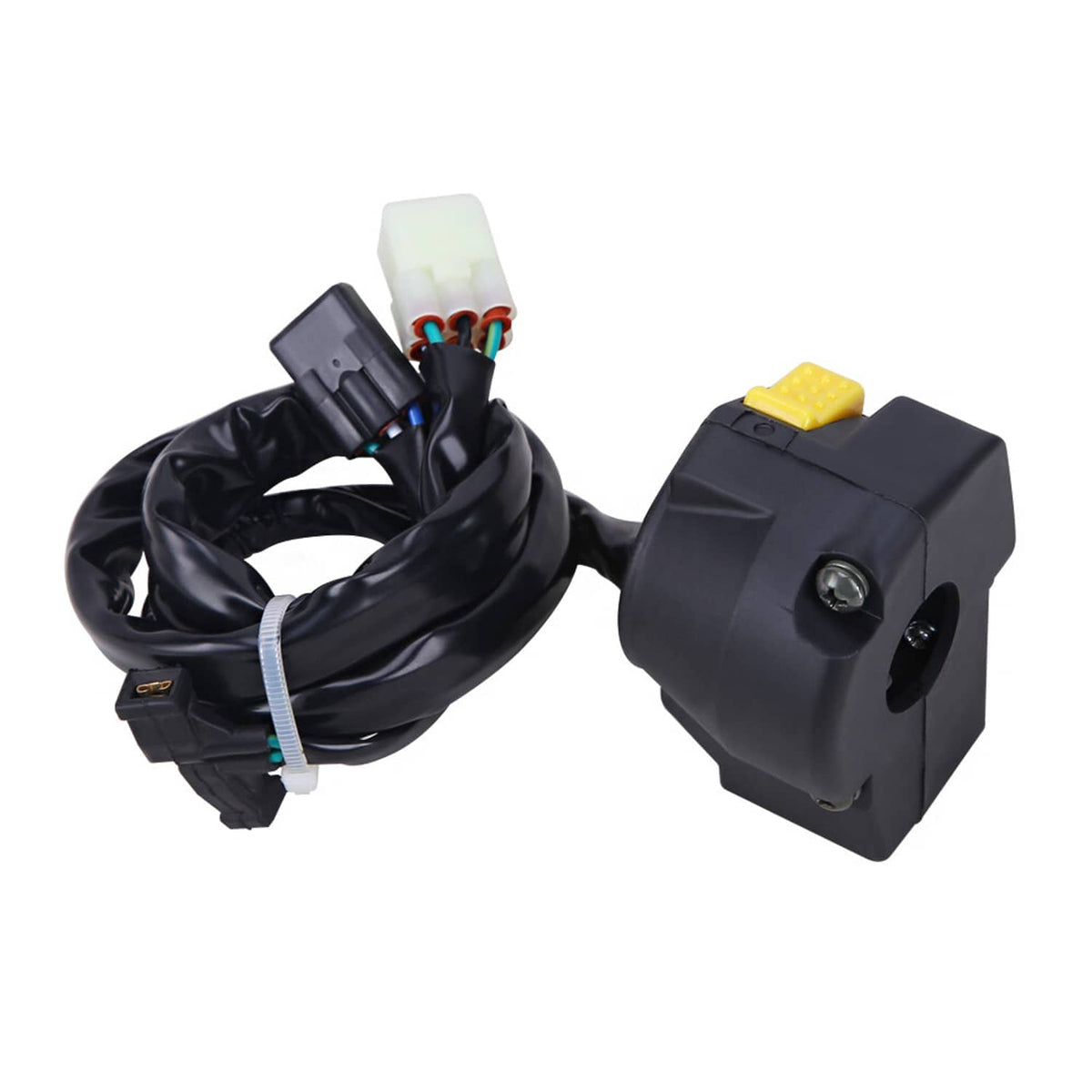 Handlebar switch box with yellow button and multi-colored wire connectors on cable