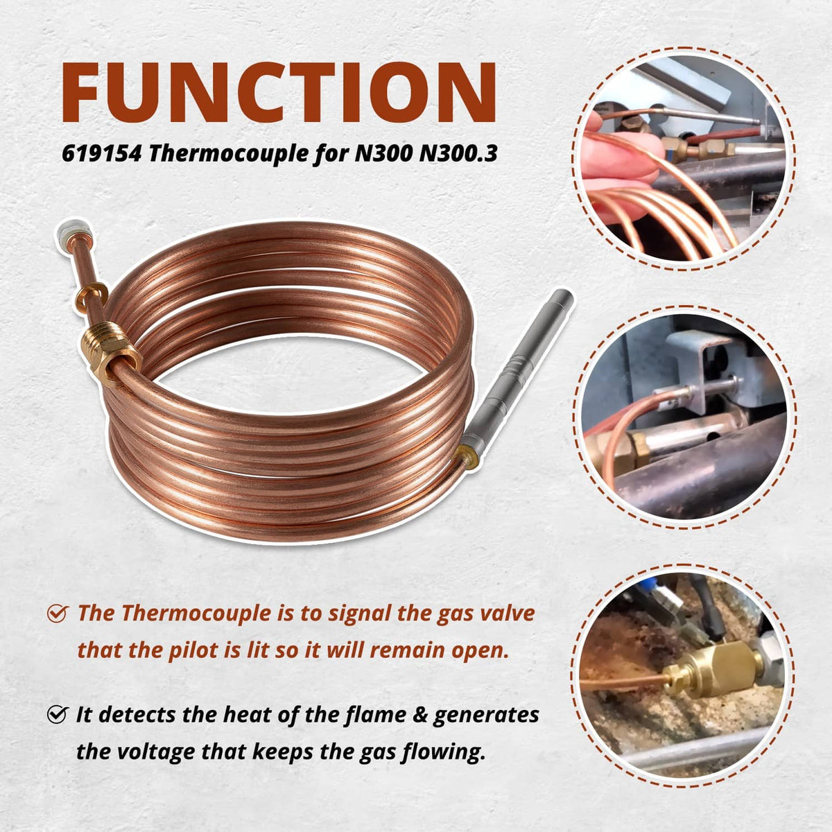 Thermocouple coil with brass connector and gray probe, two round terminals on ends