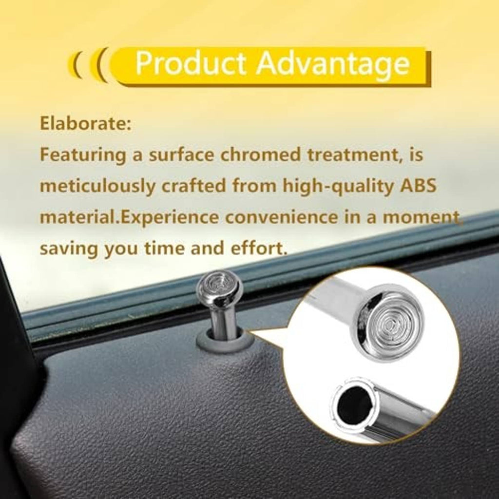 Chrome door lock knob installed on car panel, round base with black center opening
