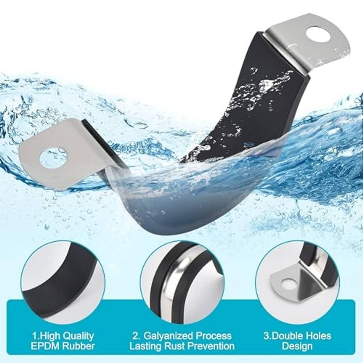 Black rubber-cushioned U pipe clamp with galvanized two-hole base plate