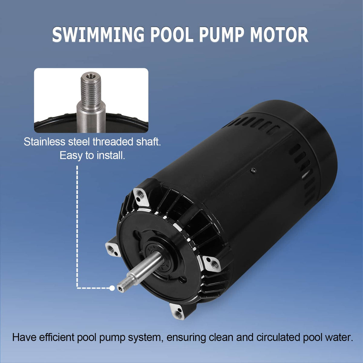 Swimming pool pump motor with stainless threaded shaft and black ventilated housing